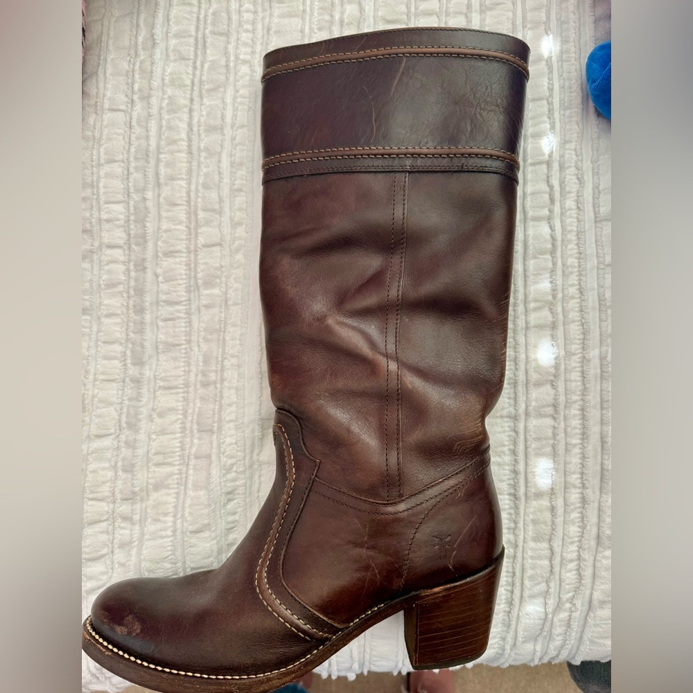 FRYE Cognac Brown Leather Jane Riding Boot Knee High Tall Shoes 9.5
